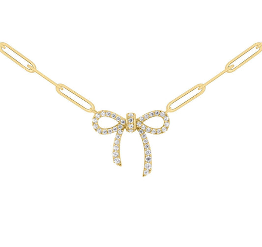 14K Paperclip Bow Ribbon Dainty Necklace
