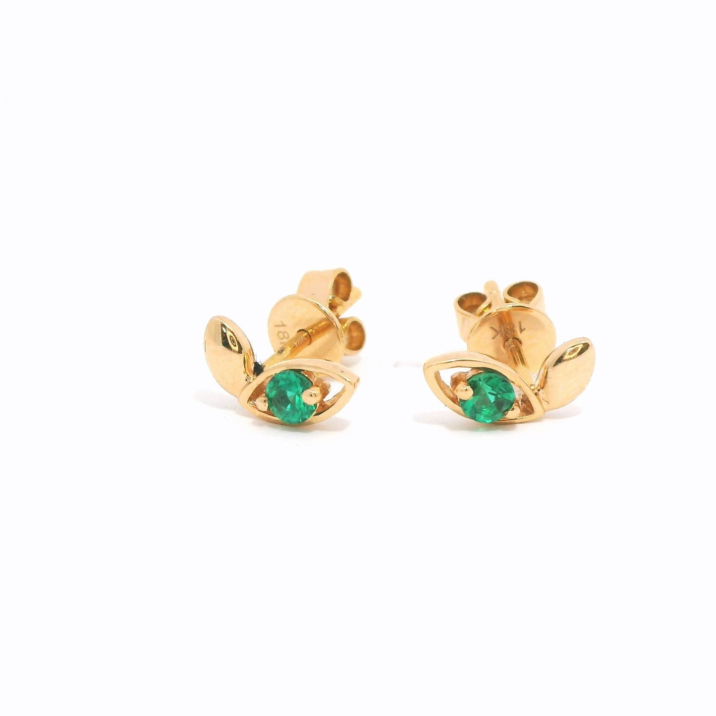 18K Solid Pink Gold Emerald Earring Stud