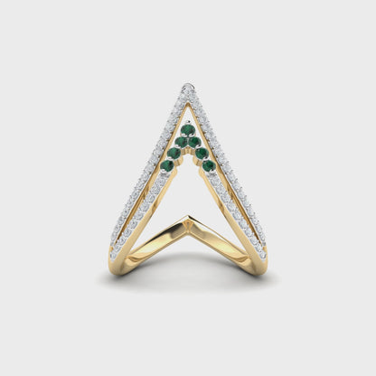 18K Double V Chevron Diamond Emerald